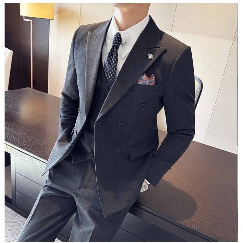 (Jackets+Vest+Pants) Men\'s Business Double-Breasted Suits Male Slim Fit Solid Color Groom\'s Wedding Dress Man Fashion Tuxedo 7XL