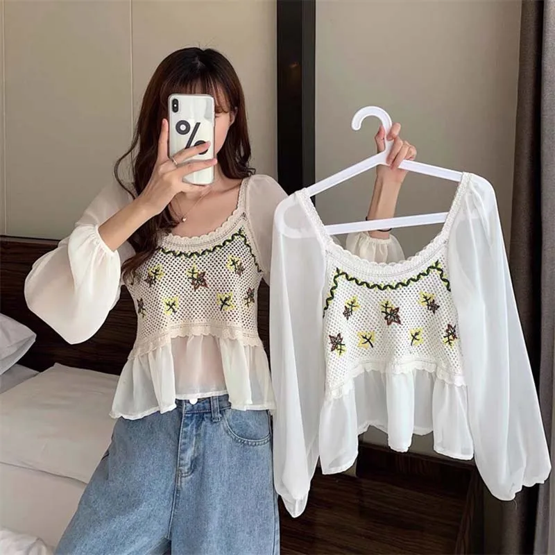 Boring Honey Knitted Chiffon Pullover Long-Sleeved T-Shirt Women Embroidered All-Match Top Summer Thin Bohemian National Style 6