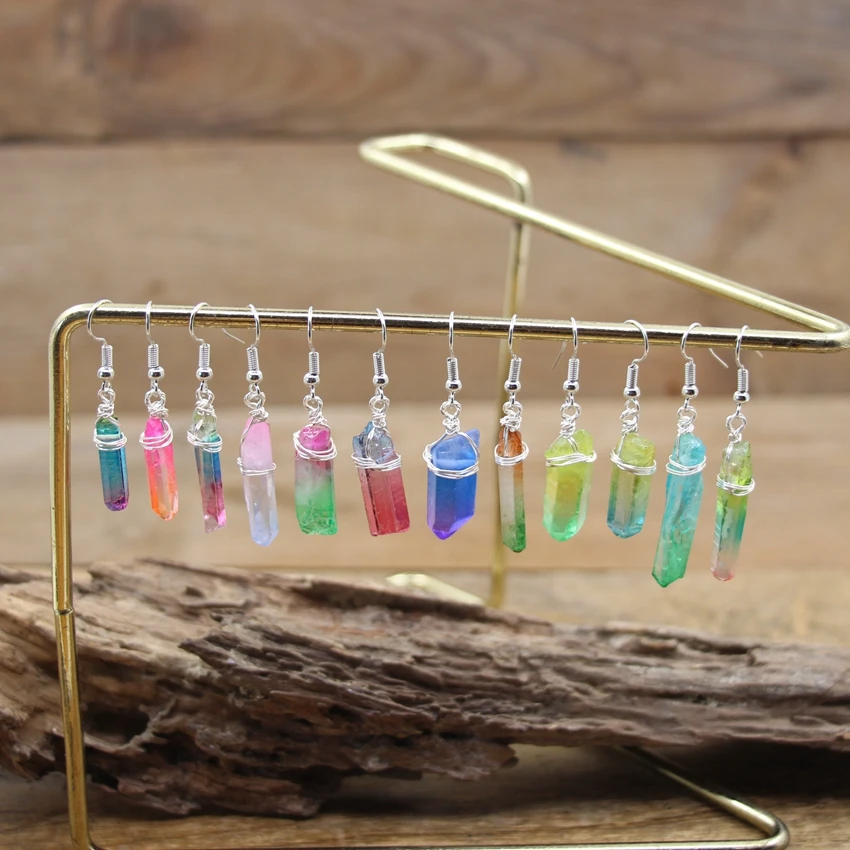 Bohemian Hook Earrings Wire Wrap Raw Crystal Point Gradient Color Quartz Stick Dangle Reiki Eardrop Women Summer Jewelry QC7045