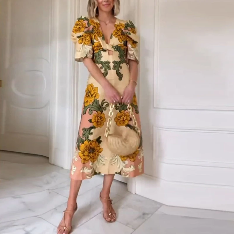 فستان ميدي أنيق مطبوع عليه زهور للنساء صيفي بياقة على شكل V فساتين عطلة الشاطئ للنساء فستان الحفلات بوهو