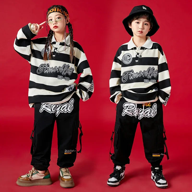 

Boys Hip Hop Clothing Black-white Striped Tops Streetwear Tactical Cargo Pants for Girls Kids Dance Costume Clothes