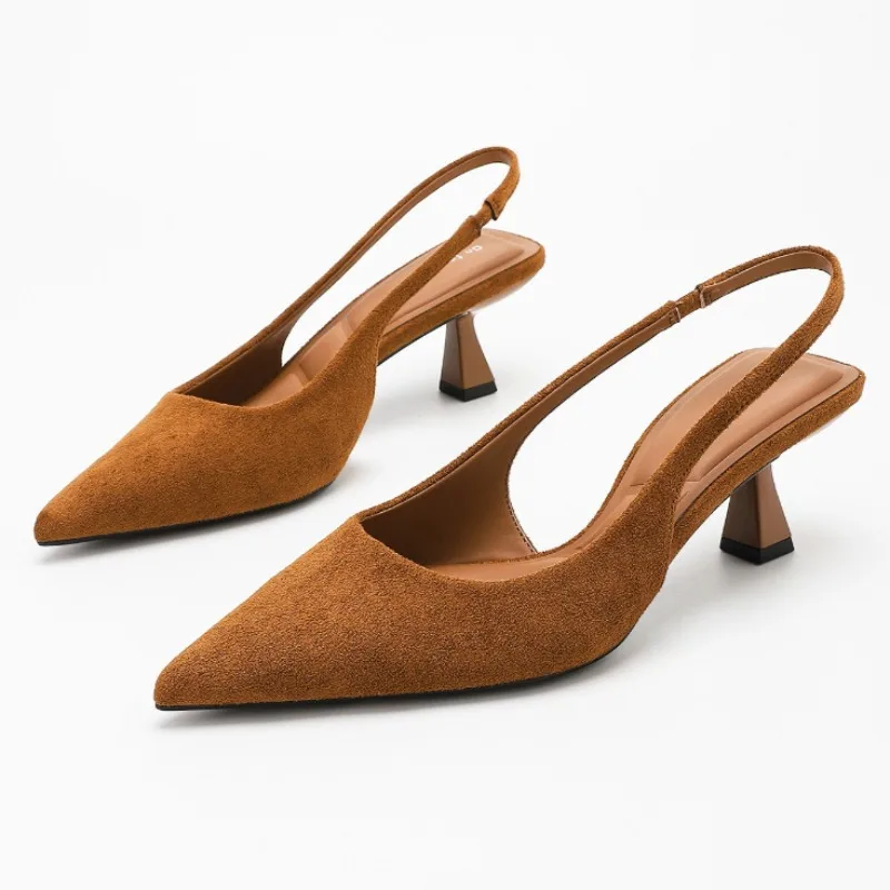 Brown Faux Suede Low Heel Women Pumps Sexy Pointed Toe High Heels for Women Hollow Back Strap Mules Fashion Party Dress Shoes