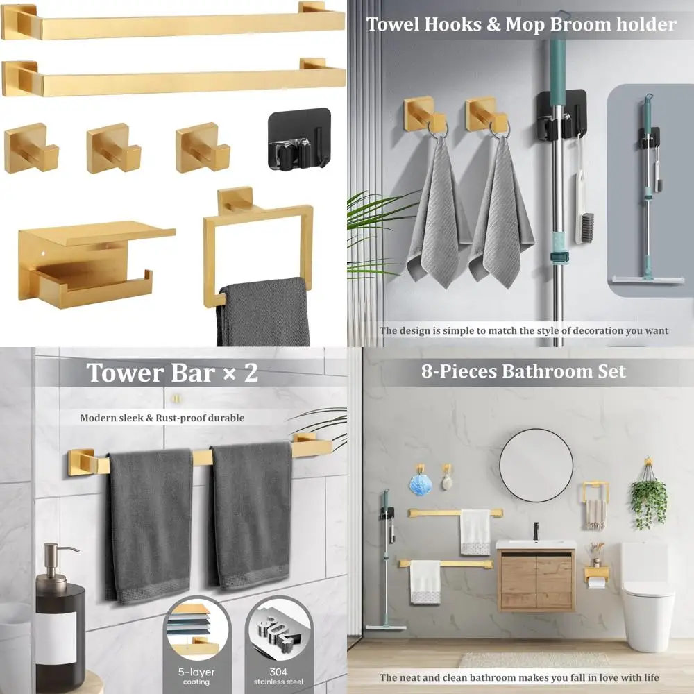 

Stainless Steel Brushed Gold Bathroom Hardware Set, 8-Piece Towel Bar Collection, 23.6 Inch Accessories for Luxurious Bathroom D