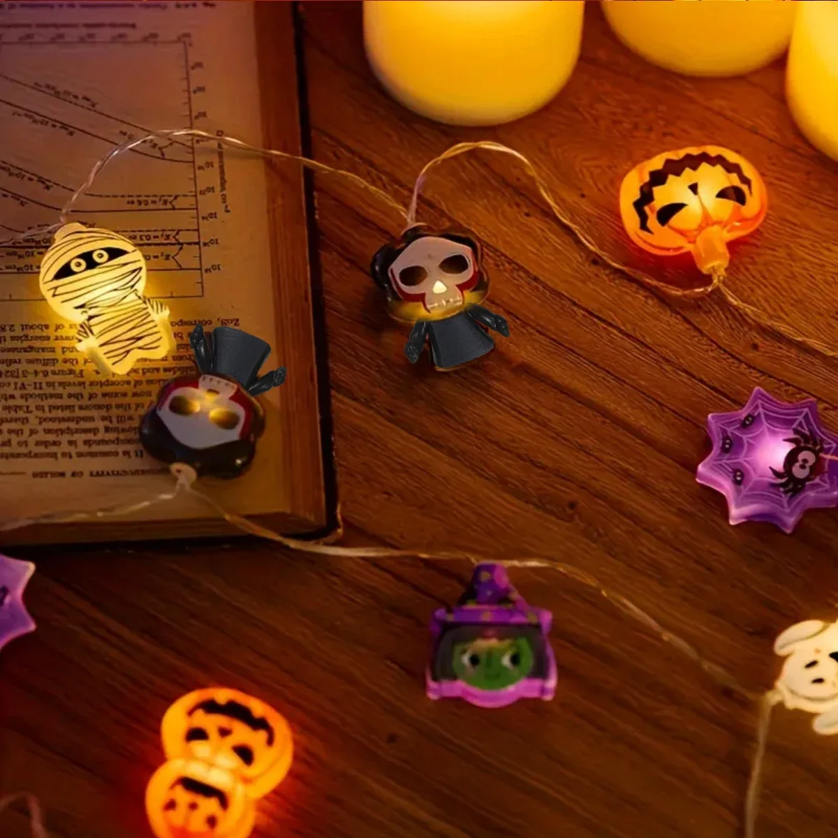 1PC Halloween 20 LED Battery Powered String Lights With Ghost Witch Cat Pumpkin Spider Web Skeleton Mummy Pirate Shape Indoor