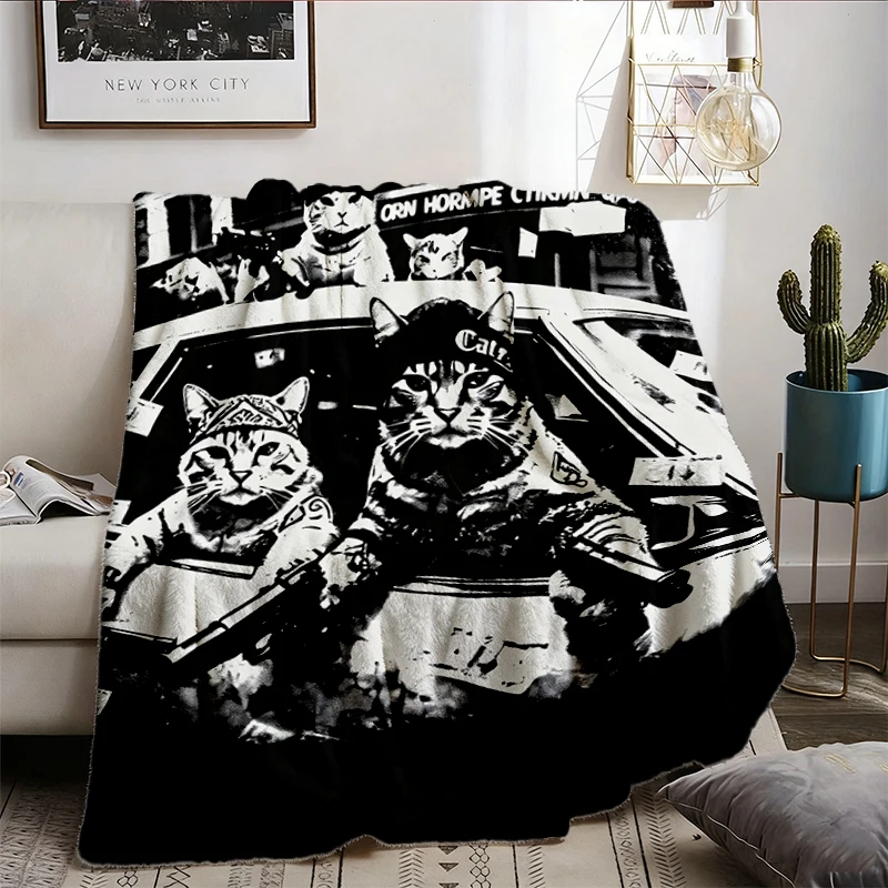 Gangster Cats Flannel Blanket, Vintage Black Cat Flannel Blanket, Retro Streetwear Shirts, Funny Cat Flannel Blanket