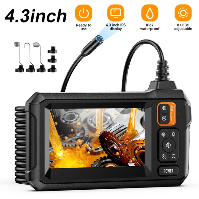 Przemysłowa kamera endoskopowa 4,3-calowy ekran IPS 8 mm HD1080P IP67 Wodoodporny boroskop inspekcyjny z 8 diodami LED do naprawy rur samochodowych