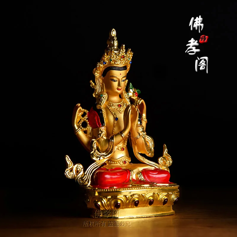 TOP GOOD  Bless Safe luck Protection-Buddha gilding 14.5CM Shadakshari Avalokitesvara Buddha statue