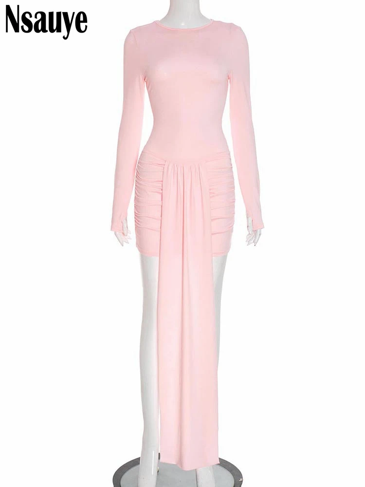 เดรสสั้นทรงเข้ารูป แขนยาว ผ้าเรียบ แต่งริบบิ้น จีบเก๋ ดีไซน์เซ็กซี่ สำหรับผู้หญิง  ฤดูใบไม้ร่วง-ฤดูหนาว ปี 2025 เหมาะสำหรับงานปาร์ตี้ คลับ หรือโอกาสพิเศษ