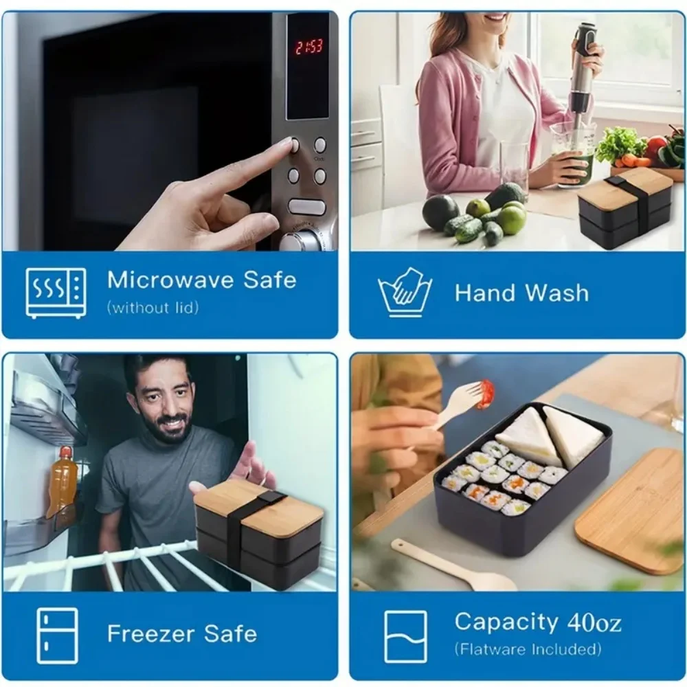 صندوق غداء بينتو للبالغين، مجموعة حاوية تخزين طعام من طبقتين مع أدوات مائدة للأطفال/الأطفال، ميكروويف وأمان للاستخدام في غسالة الأطباق #6