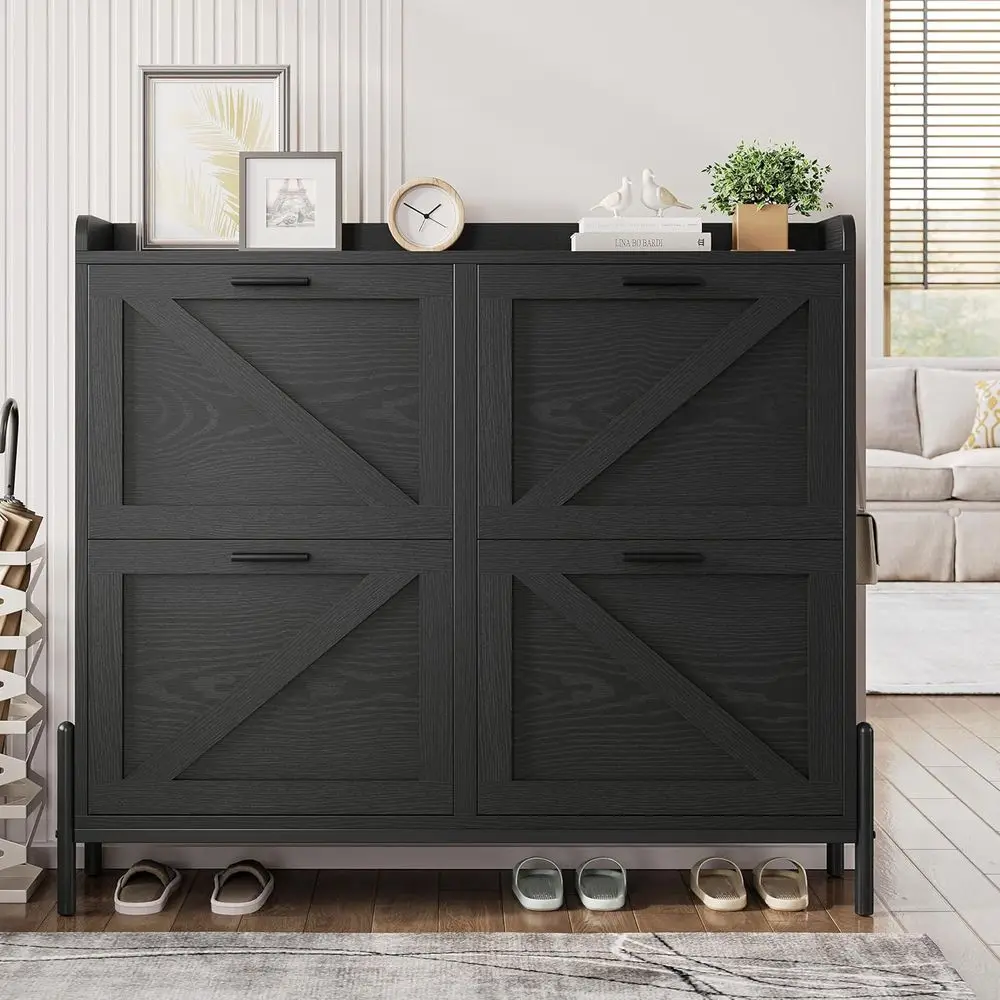 

4-Door Freestanding Shoe Organizer Cabinet with Adjustable Shelves for Entryway, Hallway, Living Room - Black