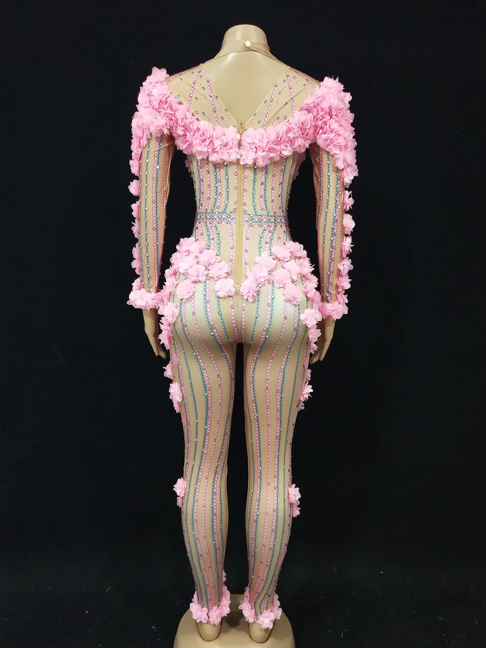 Pink Flower Rhinestones Jumpsuit Women Birthday Party Drag Queen Dance Costume Long Sleeve Elastic Leotard Singer Stage Wear