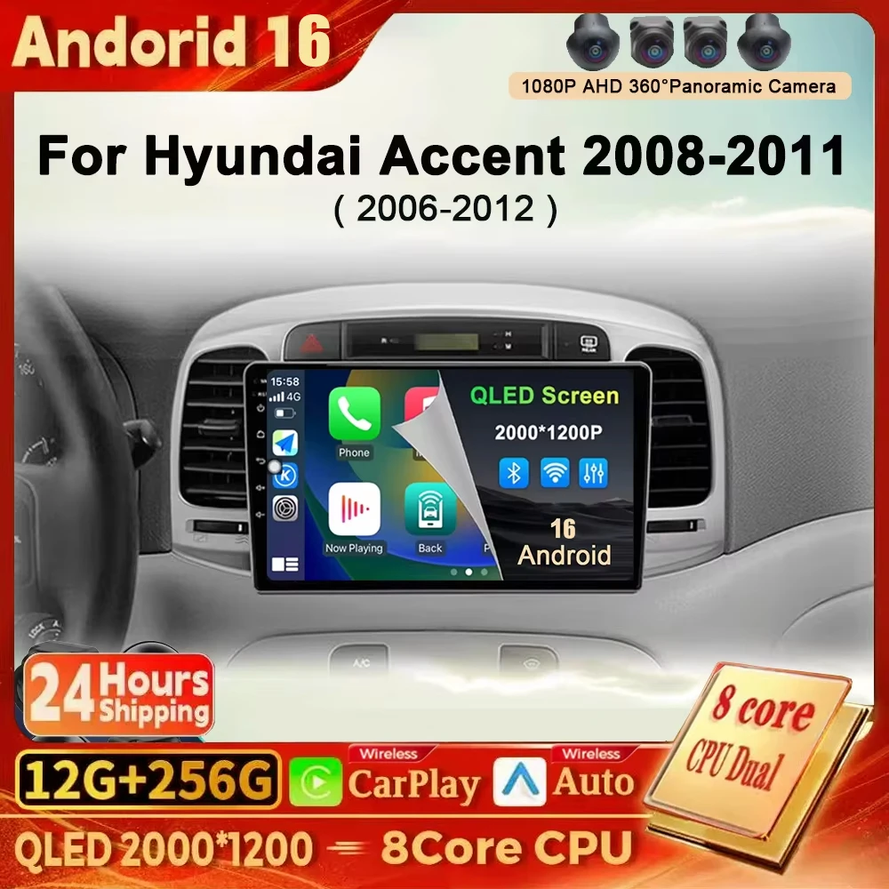 Android 16 Carplay Autoradio für Hyundai Accent 2008 2009 2010 2011 Navigation GPS Multimedia-Player Stereo WiFi+4G Auto BT DSP