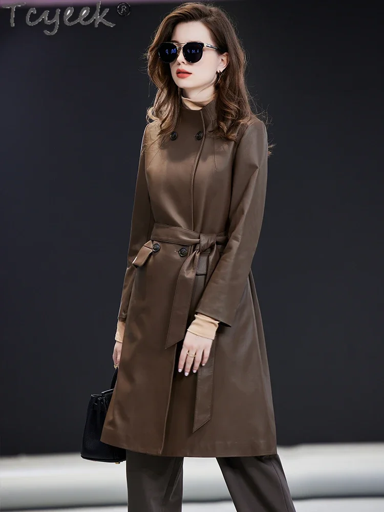 Tcyeek jaqueta de couro real feminina elegante casacos de pele de carneiro natural 2024 comprimento médio trench coat mulher roupas de inverno jaqueta cou