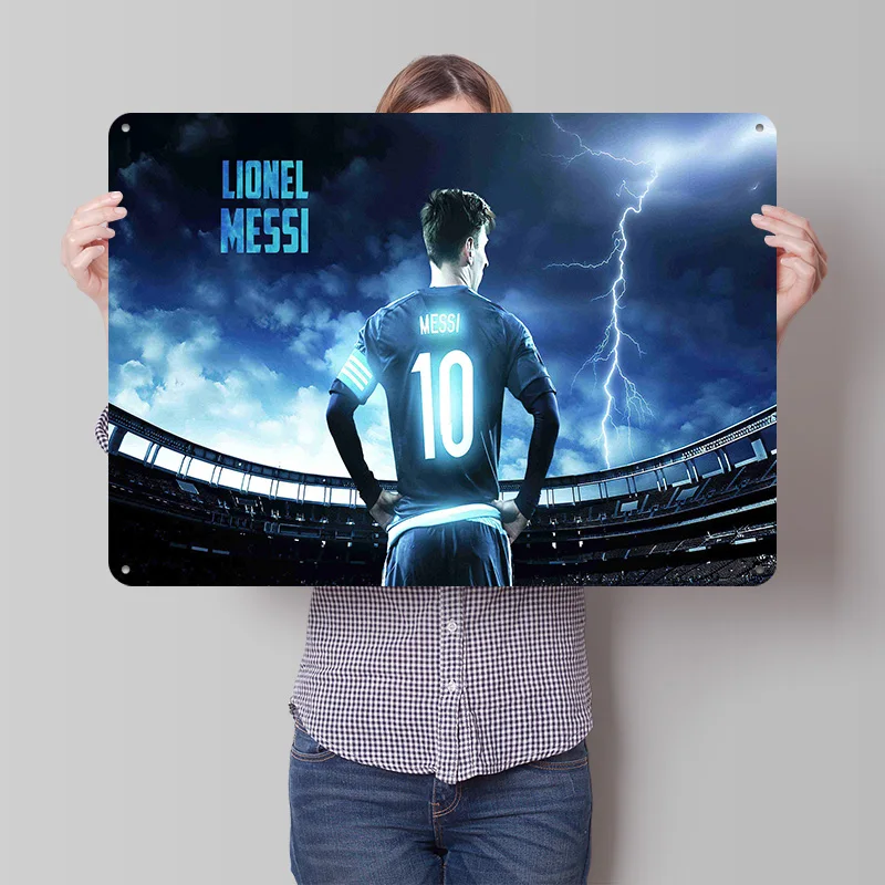 Lionel Andrés Messi Football Poster Customized Vintage Metal Signs Wall Art Retro Tin Plaque for Soccer Fans Room Decoration