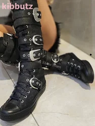 Belt Buckle Knee High Boots Punk Rock Round Toe Flat With Sneaker Solid Color Fashion Elegant Sexy Concise Sexy Women Shoes New