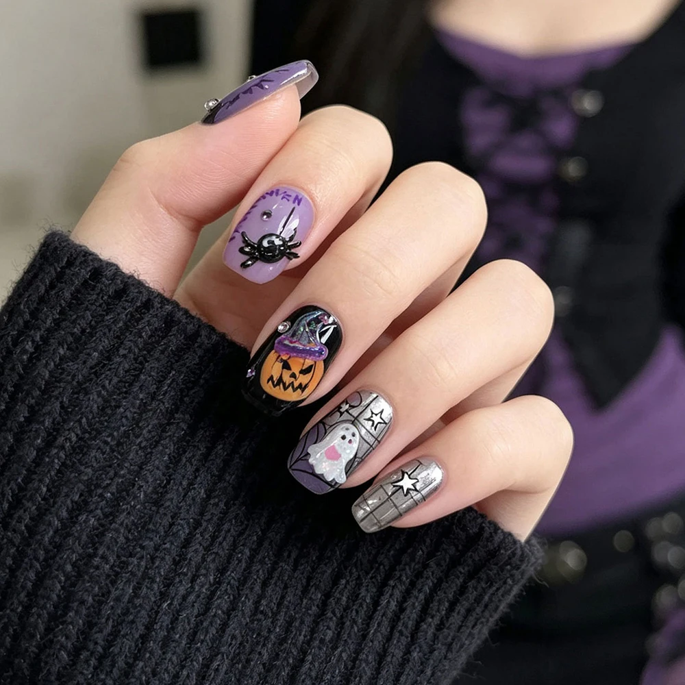 50 Stück/Beutel Niedliche Eis-transparente Geisterherz-Hut-Nagelsteine 3D Halloween Schwarze Katze Krabben-Nagelanhänger Harz-Flatback-Nageldekorationen – Detail 8