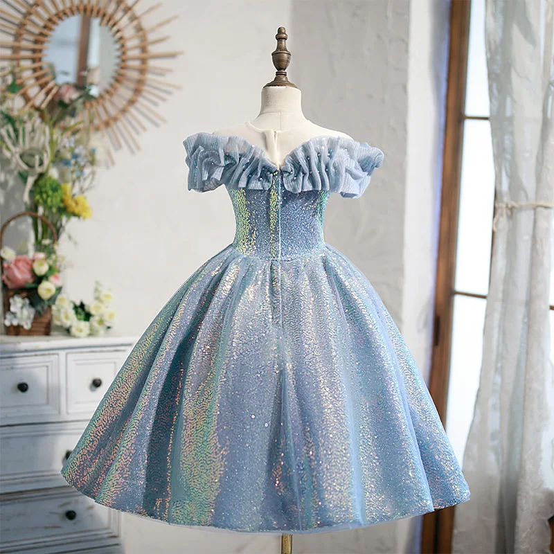 Customized Spring Summer Ruched Slash Neck Princesses Dresses Luxury Sequin Slim Waist A-line Flower Girl Vestidos Sweet Korean