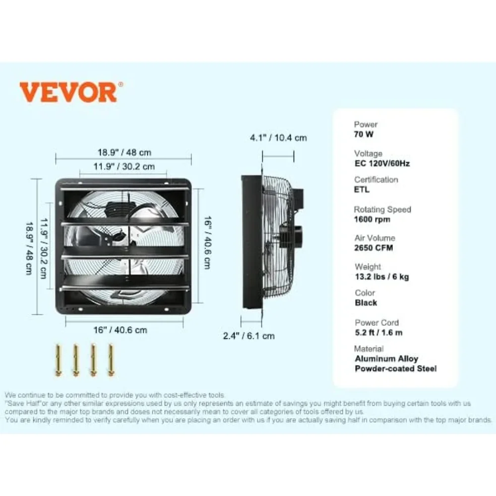 16'' Shutter Exhaust Fan Temperature and Humidity Controls 18.9 X 18.9 Inch 2650 CFM, ETL Listed 120V/60Hz 70W Black