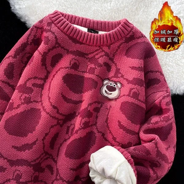 Spring Strawberry Bear Round Neck Wide Sweater Female Wine Red Sweater Autumn Winter Sweater Girl Clothes
