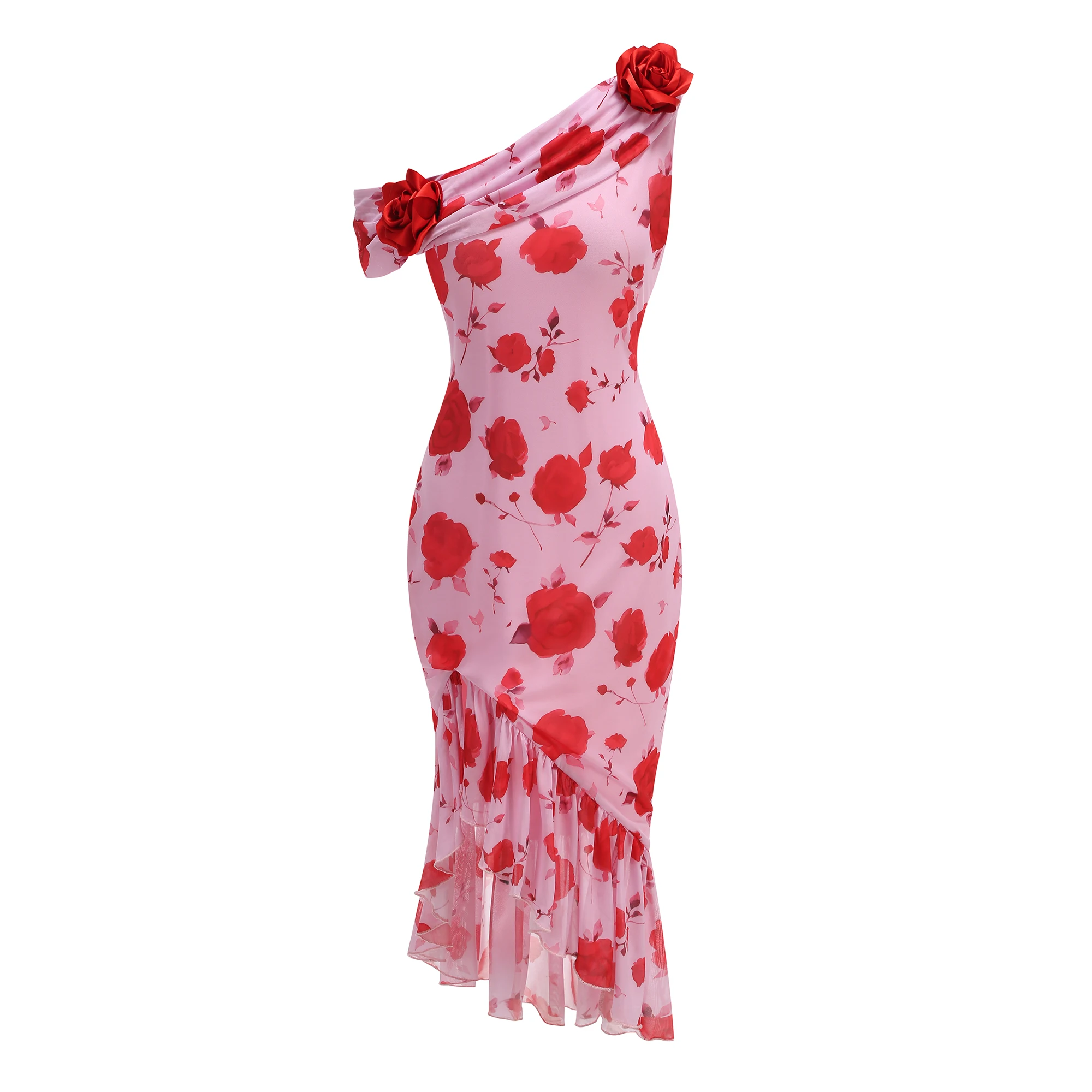 

Women Summer Pink Red Floral Appliques Slim Assymmetric Long Dress High Street Chic Ladies Daily Dresses One Piece Going Out
