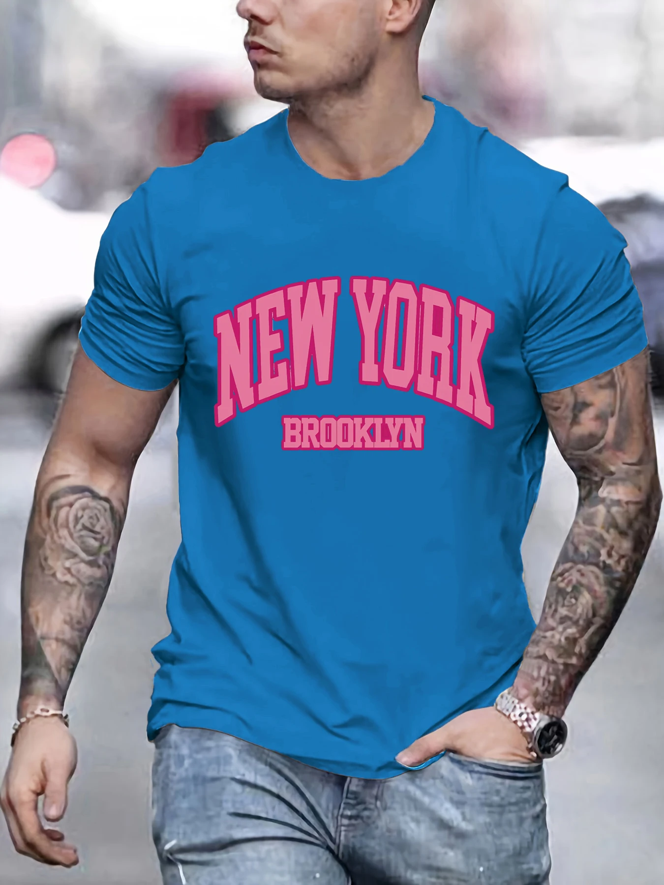 New York Brooklyn Prints Herren T-Shirt Hip Hop O-Ausschnitt Kurzarm All-Match Baumwolle Atmungsaktives T-Shirt Oversize Sommer Top