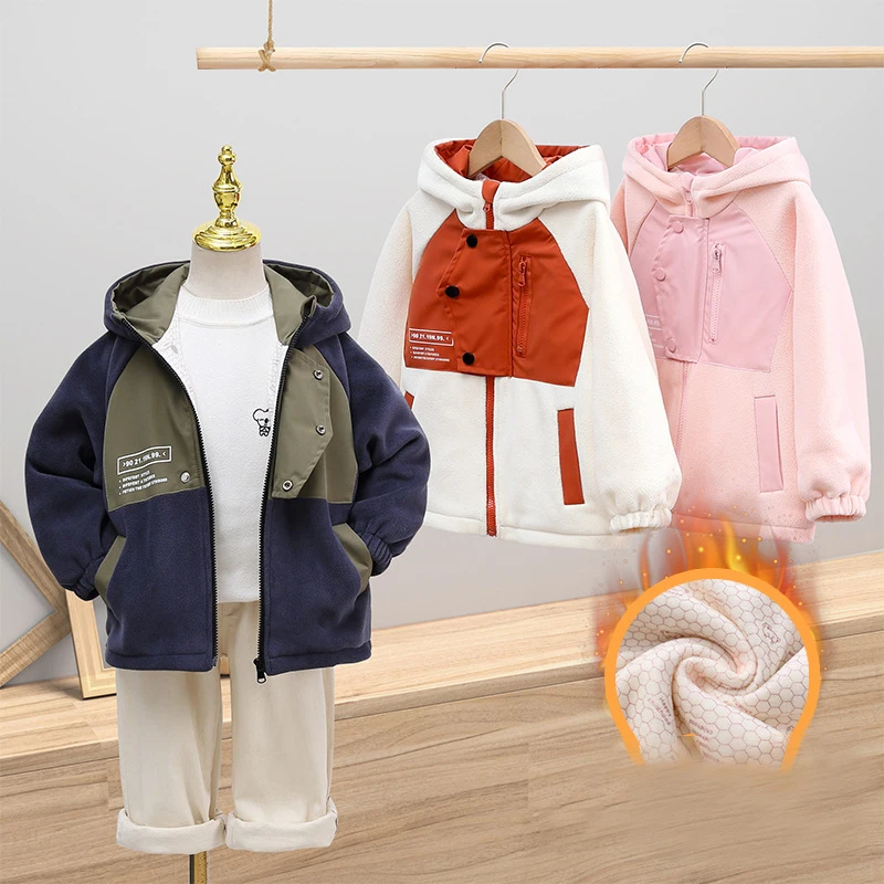 

Kids Thicken Color Blocked Fleece Jackets 2026 Autumn Winter Boys Girls Velvet Thermal Insulated Hooded Coat Children Outerwear