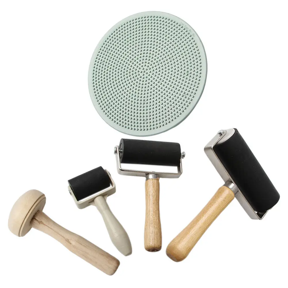 

Набор из 5 резиновых валиков для трафаретной печати с эргономичной деревянной ручкой для плавного переноса чернил, для DIY-проектов, штамповки и художественных поделок