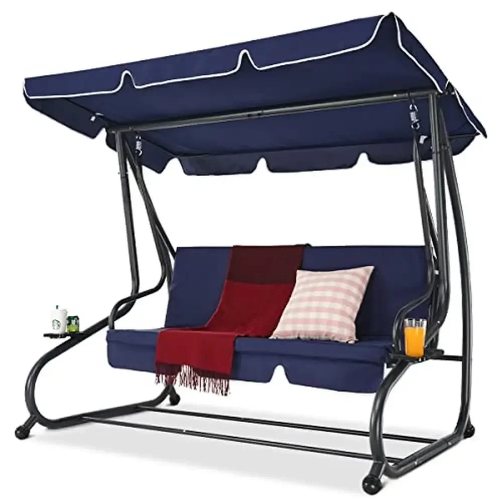 

3-Seat Porch Swing Chair with Removable Canopy & Adjustable Backrest Navy Blue Garden Swing Outdoor Patio Backyard Enjoyment