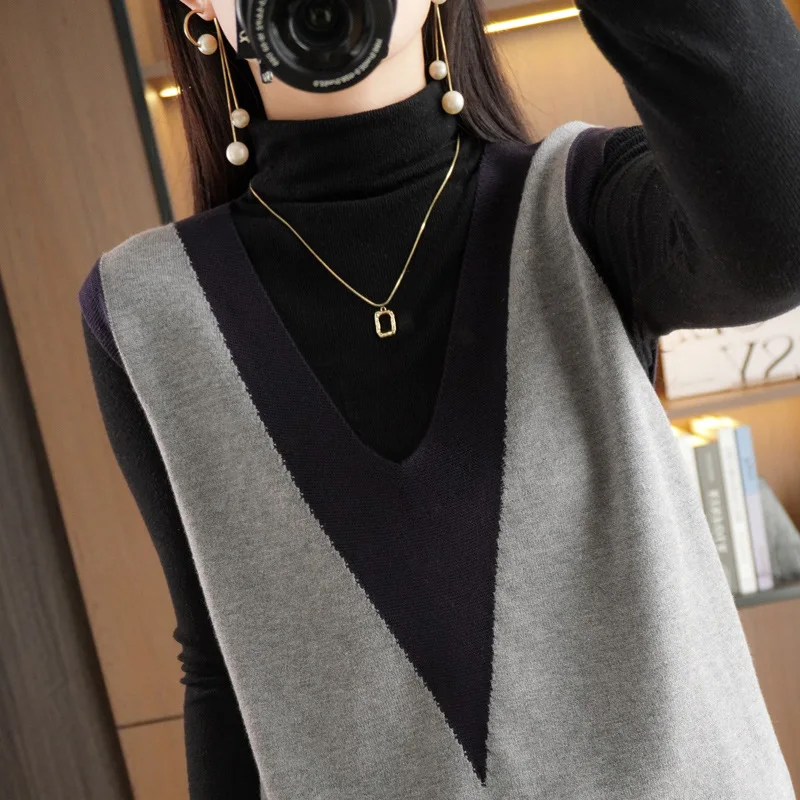 Moda Otoño Invierno suéter nuevo suelto cuello pico Color bloqueado sin mangas pulóver elegante temperamento camisa de punto suelta chaleco