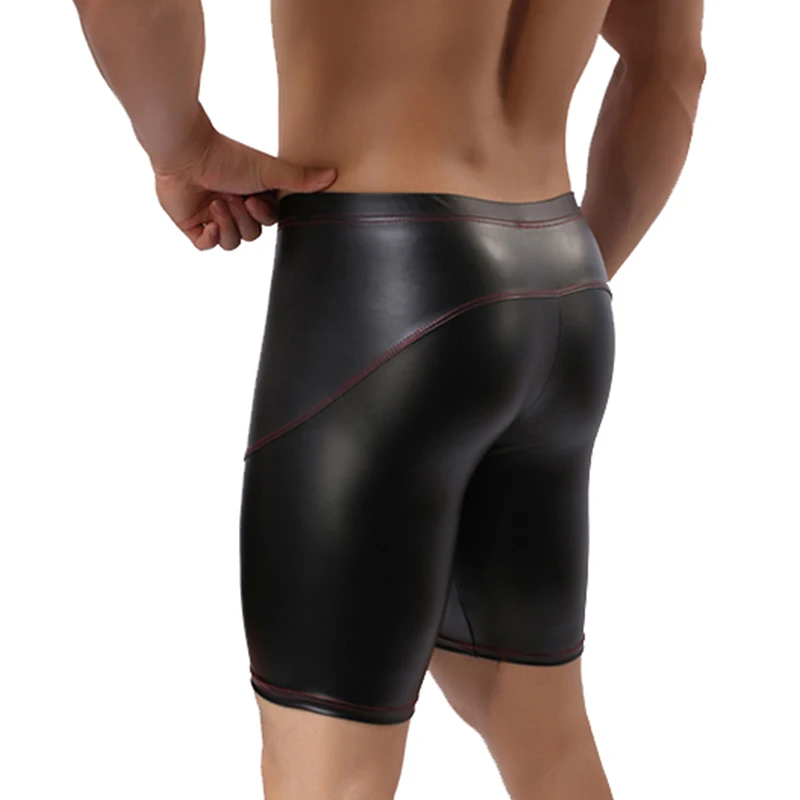 Men's Sexy PU Swimwear Summer Beach Swimming Long Boxer Faux Leather Swim Trunks Running Sports Fitness Wetlook Shorts