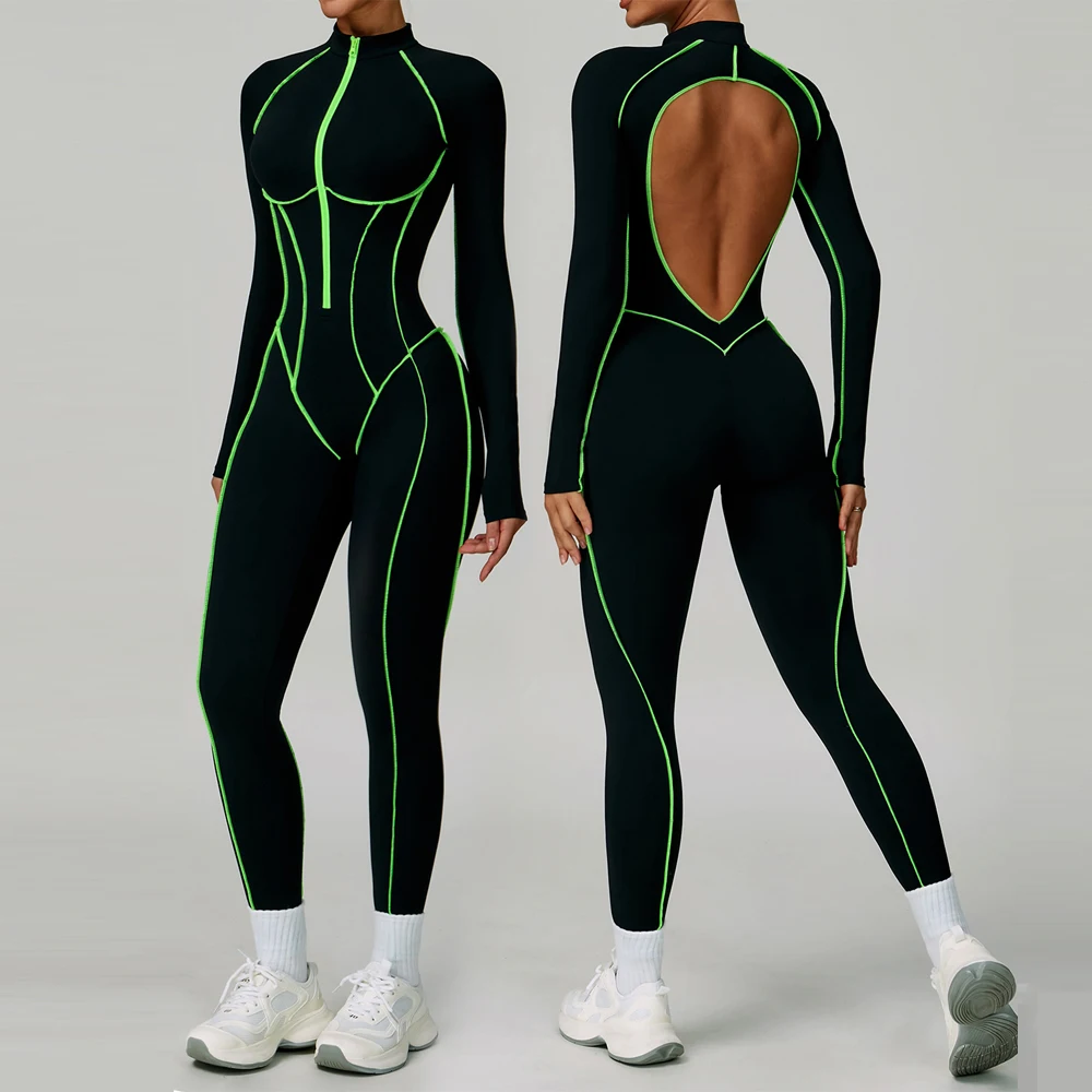 

Hollow Backless Bodycon Sports Jumpsuit Woman Bodysuits Zipper Long Sleeve Leggings Gym Fitness Rompers Yoga Workout Overalls