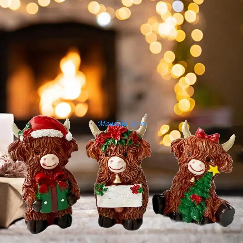 U2JC Realistic Highlands Cow Animal Figurines Resins Animal Statue Ornament for Table