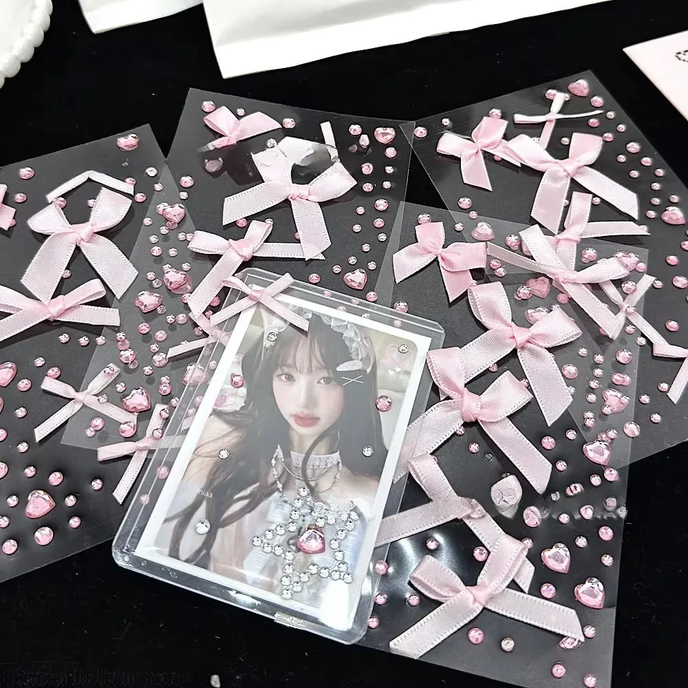 2Pcs 3D Pink Love Lace Bow Crystal Stickers Deco Stickers for DIY Kpop Toploader Cute Sparkly Rhinestone Stickers Girls Gifts view 3