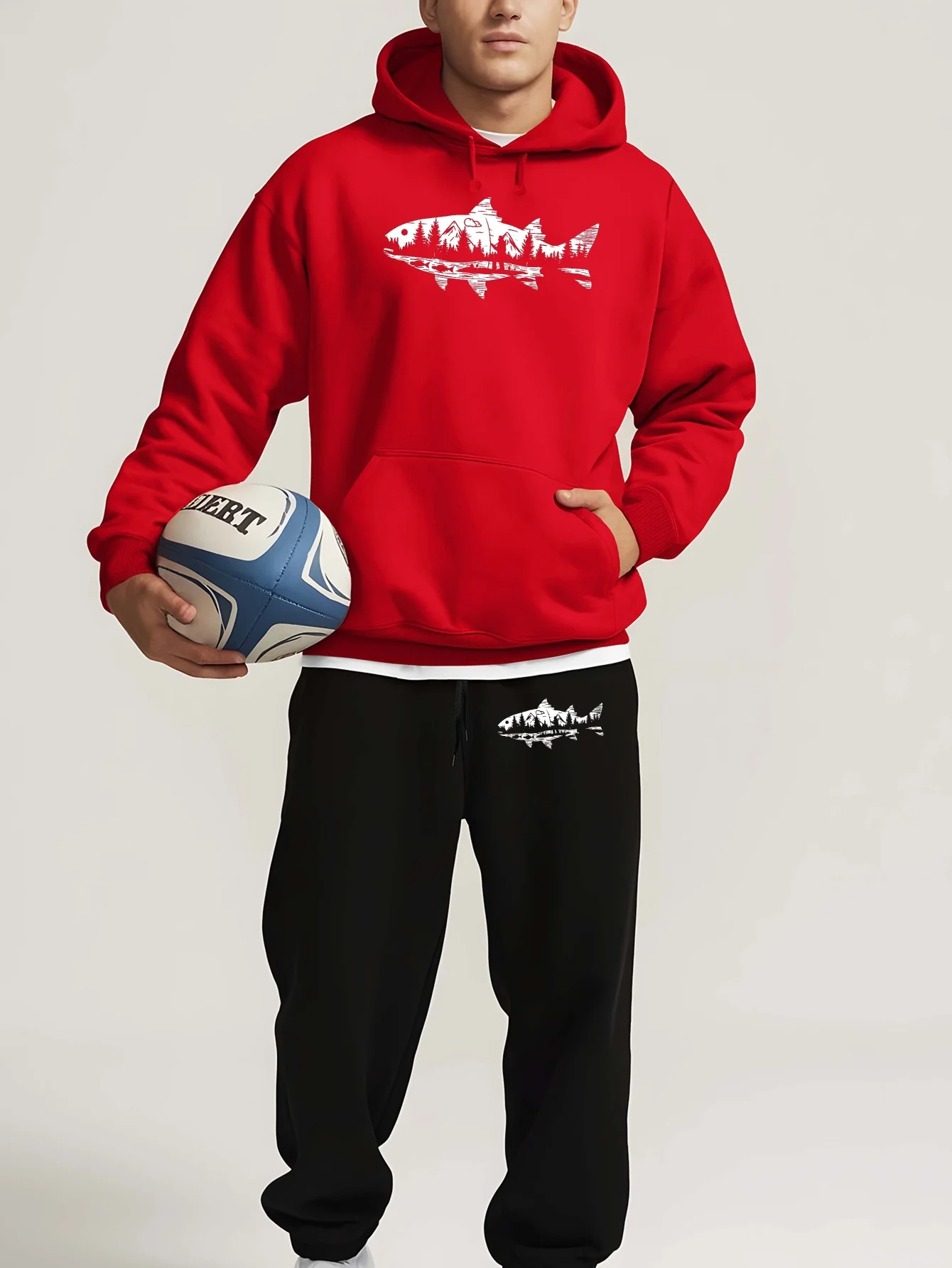 Fall/Winter Men's Fishing Pattern Printed Hoodie + Jogging Pants Set for Casual Outdoor Sports Streetwear