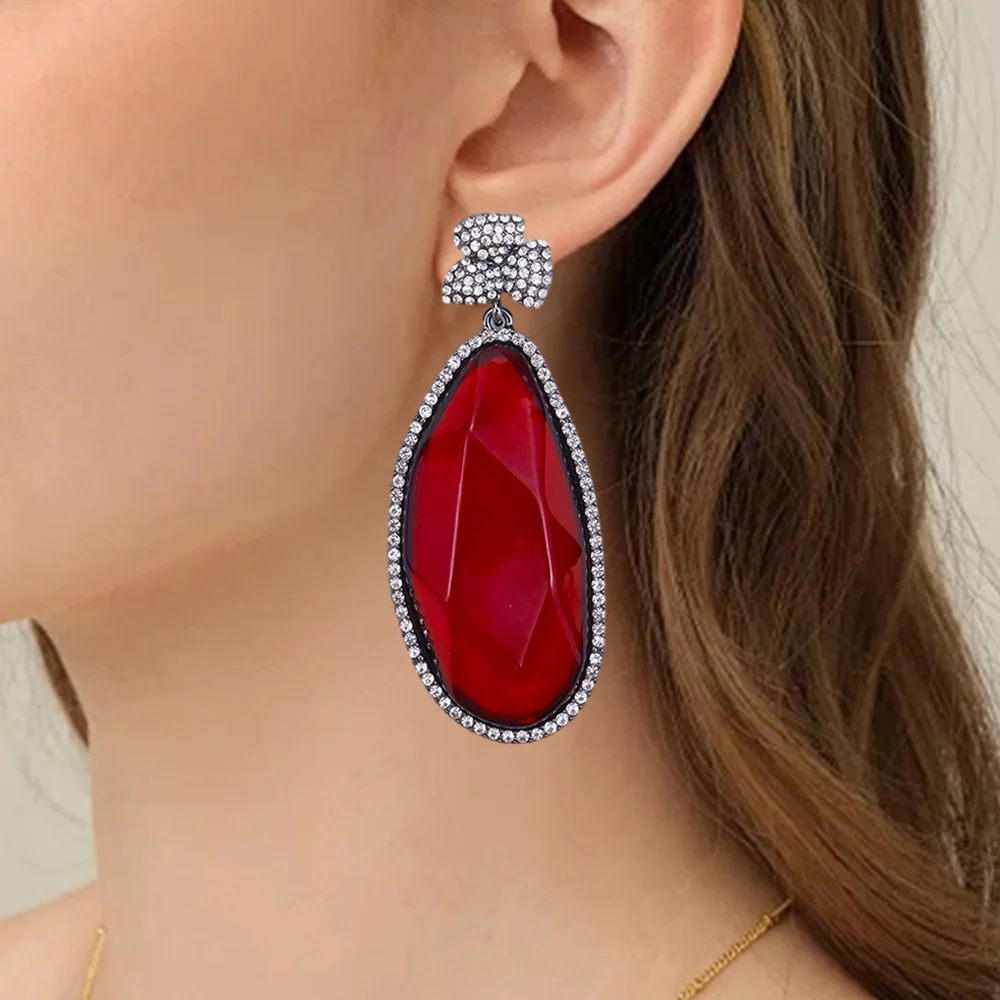 Red Vintage Geometric Resin Zircon Earrings for Women Boho Statement Jewelry Bride Wedding Coquette Accessories