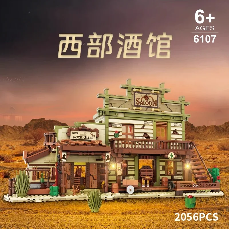 New 2046PCS Western Cowboy Tavern Building BlocksClassic Pub Town Horse Cellar Model Light BricksDesktop Decoration Holiday Gfts