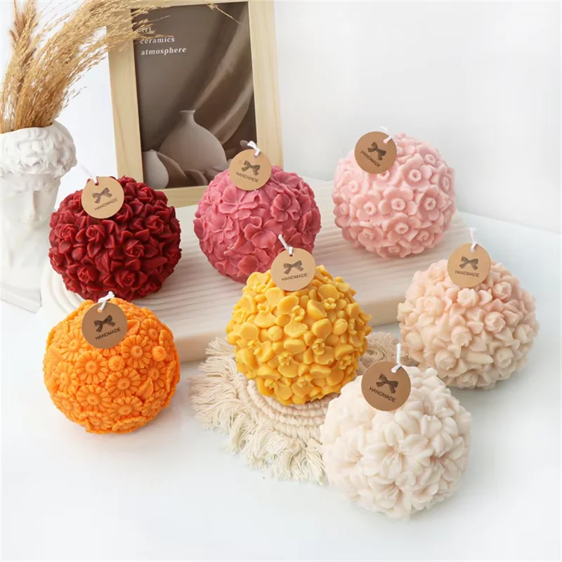 Ensemble de moules en silicone pour bougies en forme de boule de fleurs, fleurs de cerisier, marguerites, lys, pour la fabrication de gypse, d'aromathérapie, de résine, de savon, de glaçons, décoration de la maison