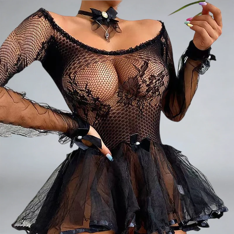 

Toucheart Erotic Mesh Pajamas Puffy Skirt Pure Desire Uniform Women See-through Hollow Out Body Shaping Intimate Flirt Underwear