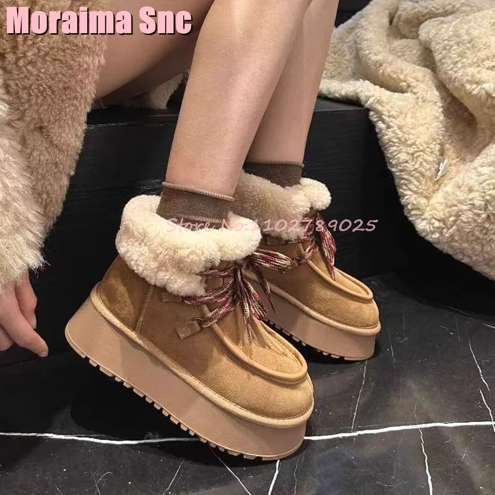 Winter Newest Lace Up Fluffy Snow Boots Round Toe Suede Leather Flat with Women Warm Ankle Boots Thick Sole Fashion Brown 2024