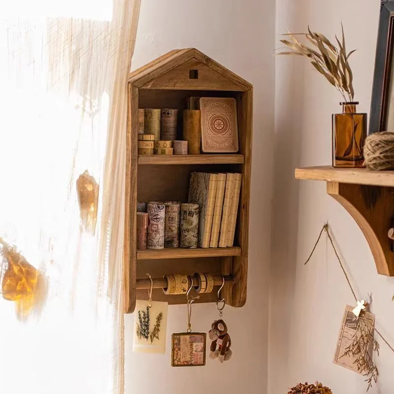 Floating Wall Shelf ‌Vintage Wooden Shelves Aesthetic Kitchen Corner Organizer Rack Multifunctional Bedroom Grid Storage Racks