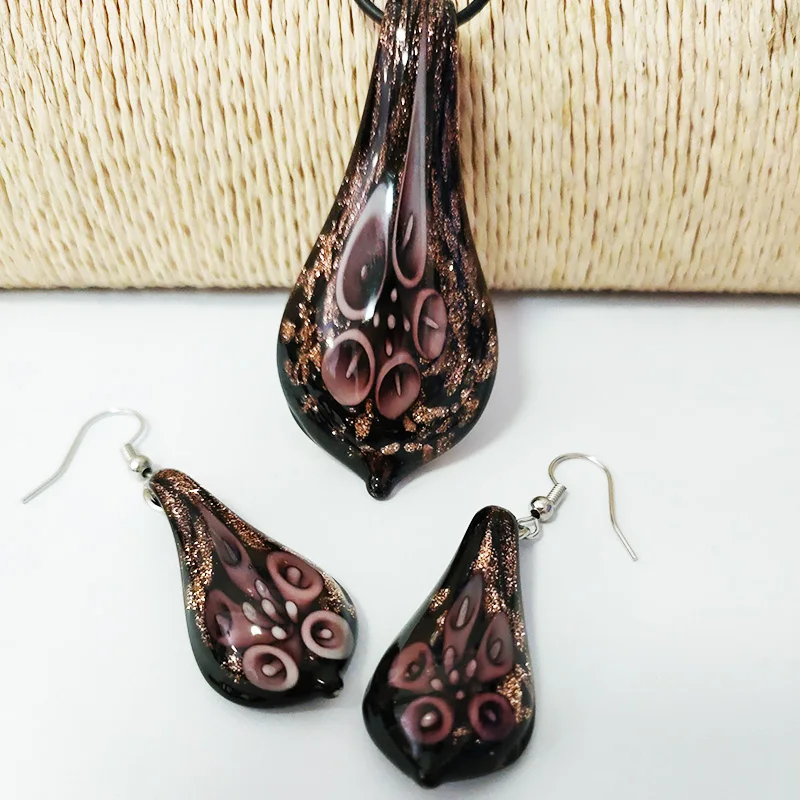 1 Set Wholesale Handmade Murano Glass Mix Colors Flower Drop Lampwork Pendant Necklace Earring Blue Yellow Pink Jewelry