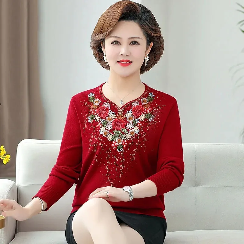 New High-Quality Spring Autumn Knitted Sweater Fashion Middle Aged Elderly Women\'s Knitwear Pullover Lady Embroidery Top T-Shirt