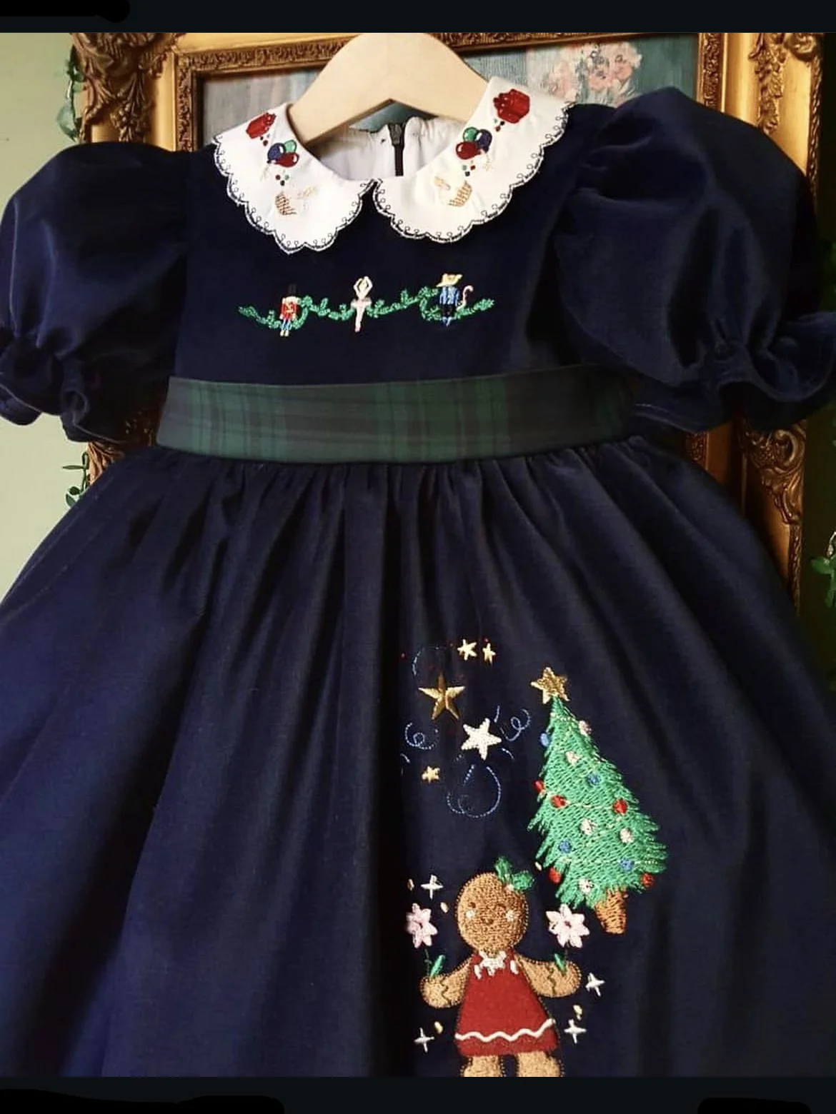 Baby Girl Autumn Navy Blue Gingerbread Man Christmas Tree Embroidery Vintage Turkish Princess Dress for Christmas Photography