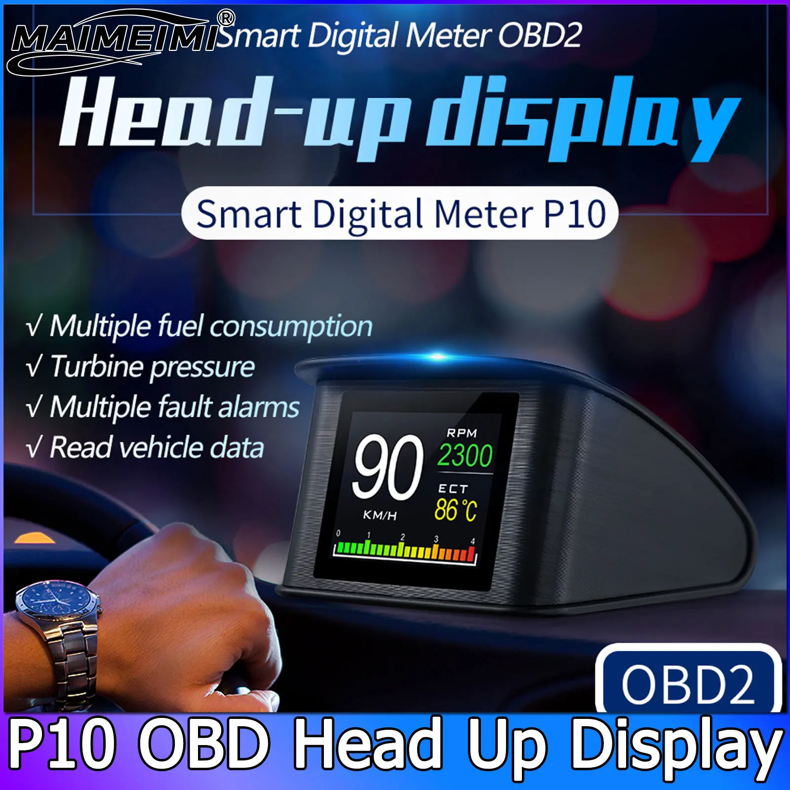 

Car Digital Speedometer P10 OBD2 Head Up Display Water Temperature Voltage Fuel Consumption Single Mileage Total Mileage