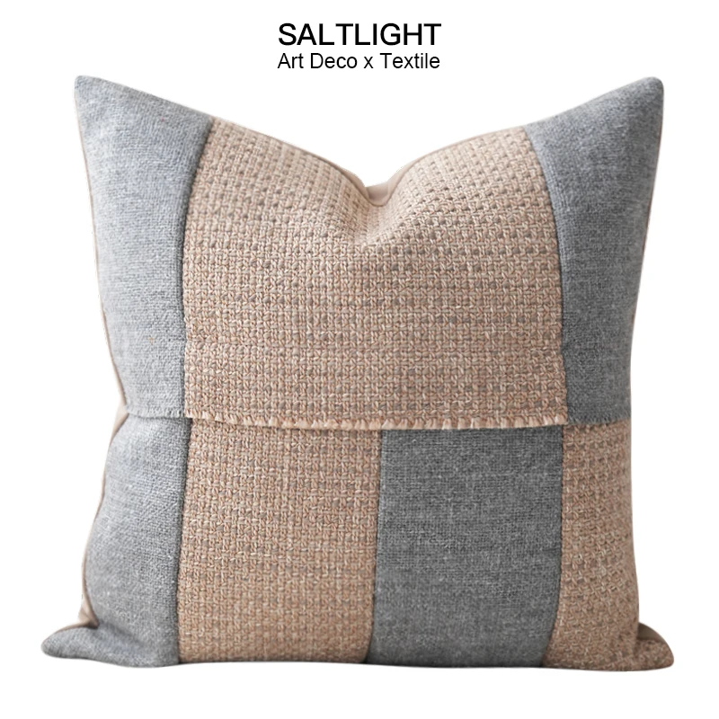 

Wabi-Sabi Sle Earth Tone Cotton Linen Patchwork Pillow Living Room Sofa Decorative Cuion Homestay Mixed Fabric Square Pillow