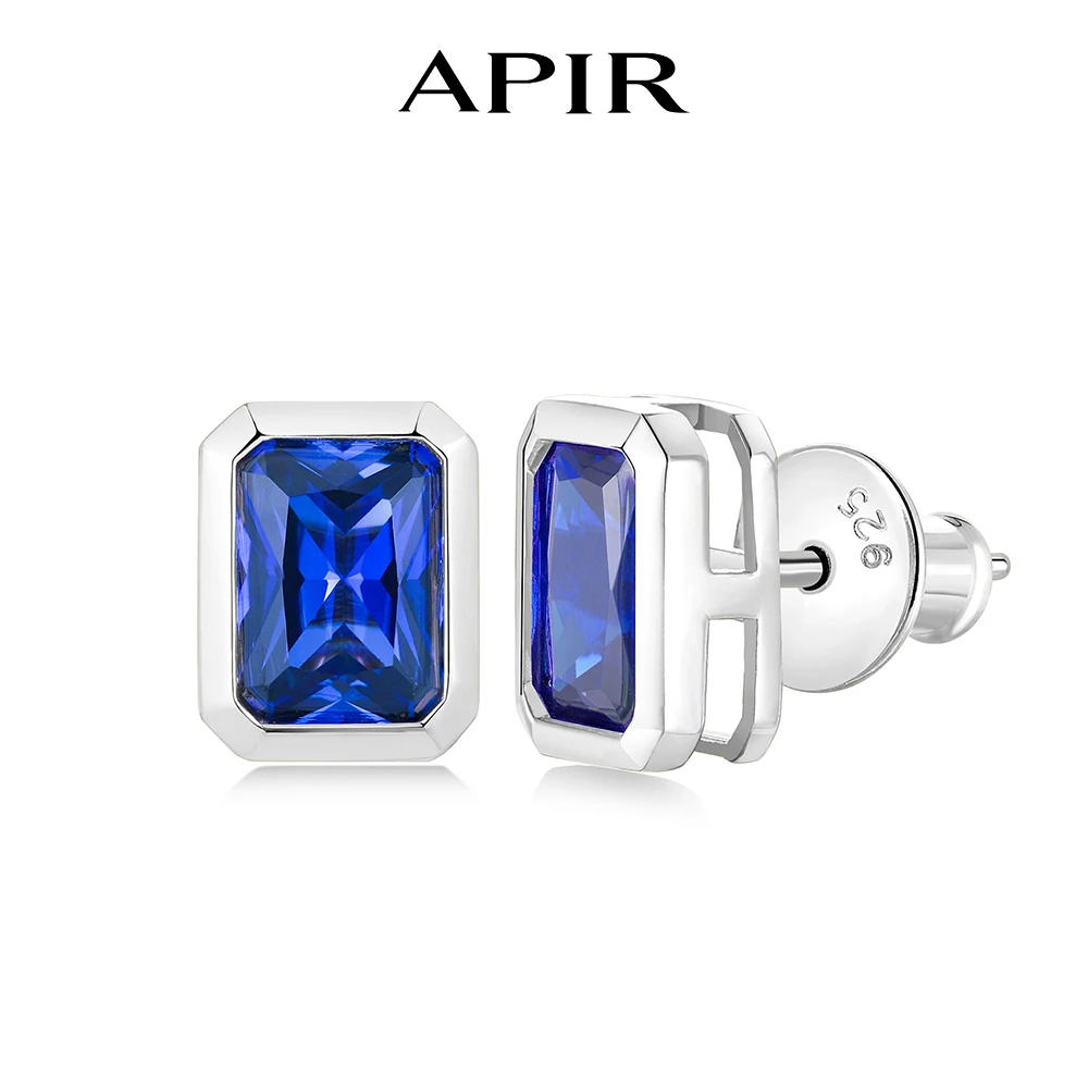APIR 1ct 5*7mm Radiant Cut Simulated Sapphire Stud Earrings Women S925 Sterling Silver Hypoallergenic Studs Daily Wear Jewelry