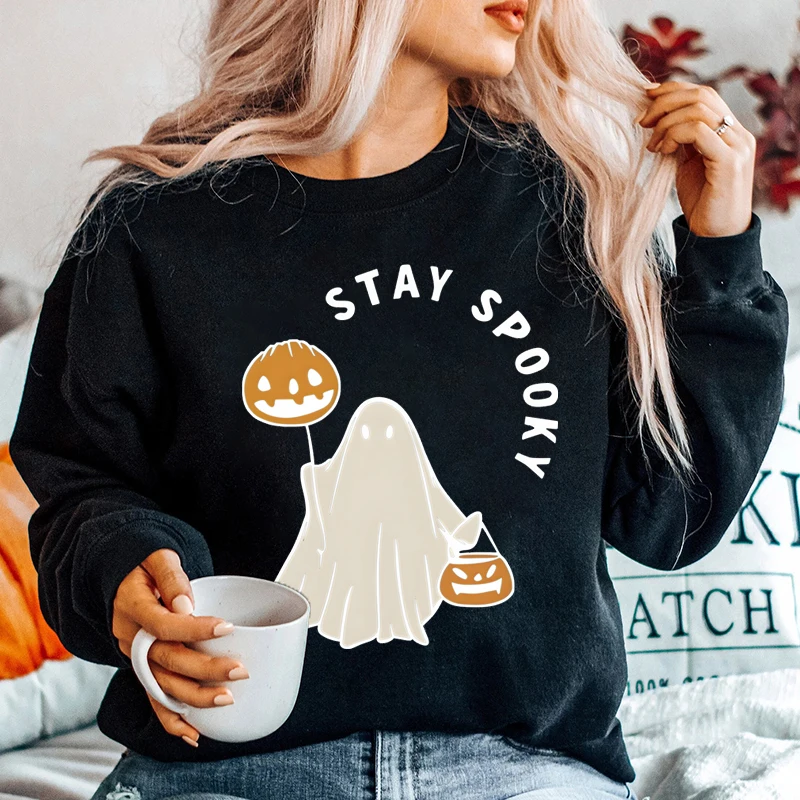 Sudadera con estampado de calabaza y fantasma para mujer, jersey de manga larga con cuello redondo, ropa de talla grande para Halloween