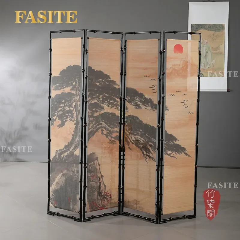 For Living Room Bamboo Silk Screen Folding Partition Mobile Divider Chinese Song Dynasty Aesthetic Entrance Tea Room Curtain