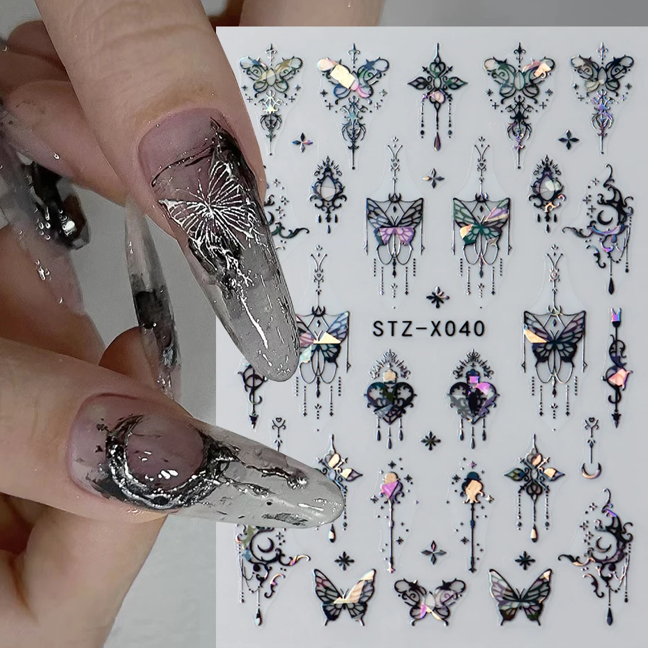 Metallic Black Butterfly Nail Stickers 3D Dark Style Charms Sliders Lace Ink Dream Catcher Moon Heart Star Foil Manicure Tips