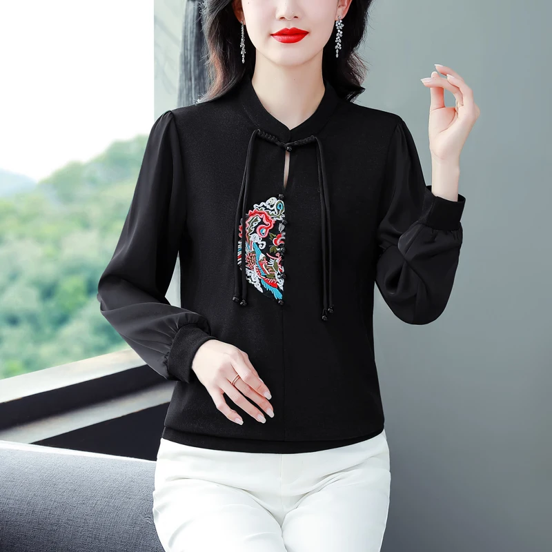 Women Chinese Style Vintage Embroidery Hollow Blouse Elegant Stand Collar Chiffon Patchwork Shirt Long Sleeve Loose Tops Blusas